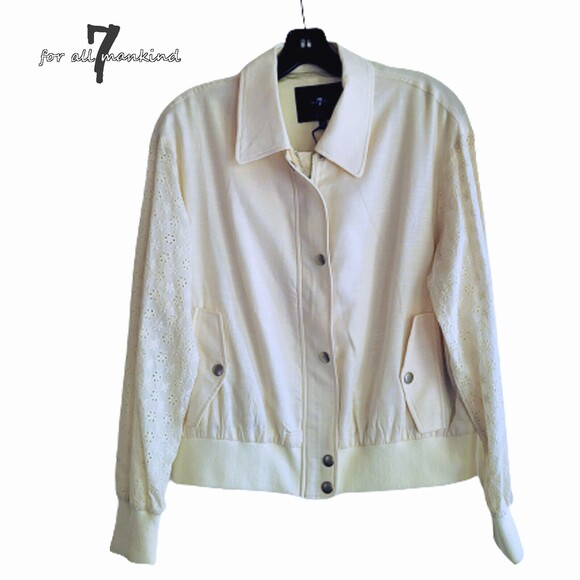 7 for ALL MANKIND NEW Romantic Eyelet Sleeves Zip Flap Pocket Bomber Jacket S - Picture 1 of 12